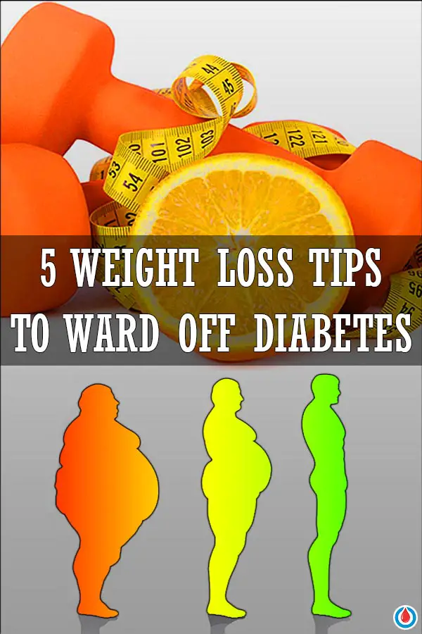 Centimeter, orange and dumbbells with text overlay - 5 Weight Loss Tips to Ward off Diabetes