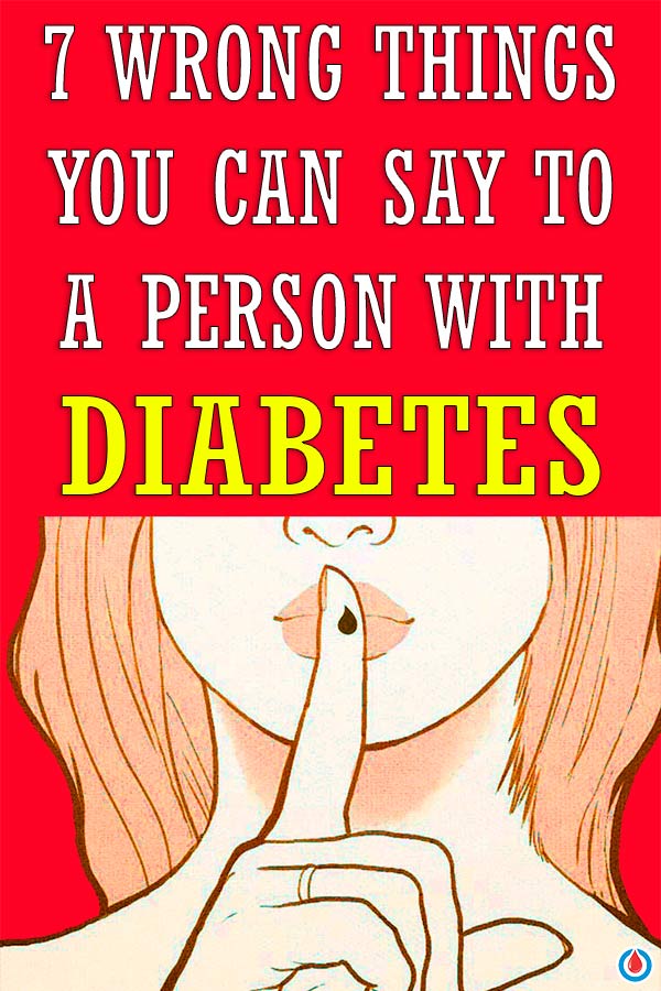 An illustration of a woman with her finger over mouth with text overlay - 7 Wrong Things You Can Say To A Person With Diabetes.