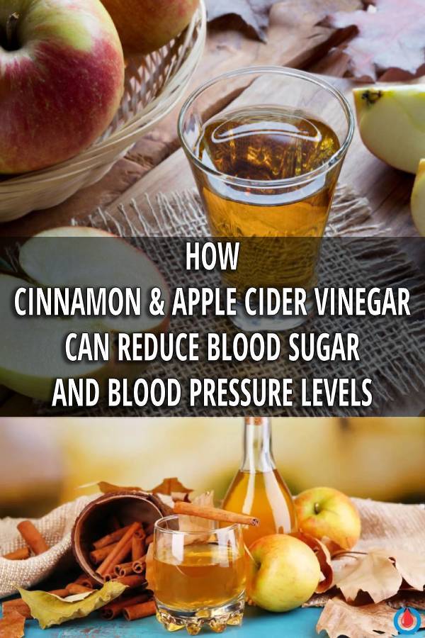 Apples, apple cider vinegar and cinnamon sticks and detox tea with overlay text - How cinnamon and apple cider vinegar can reduce blood sugar and blood pressure levels